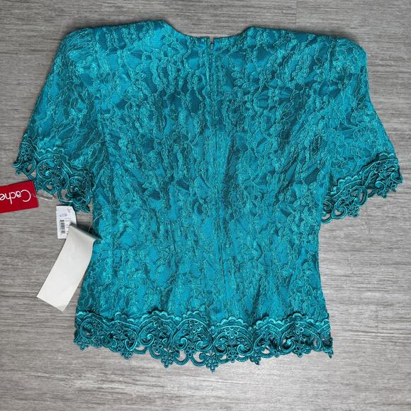 VTG Cachet Bari Protas 80s Lace Overlay Blouse Top 8 NWT USA Turquoise Back Zip - Picture 2 of 8